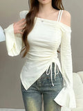 Drawstring Ribbon White Off Shoulder Top