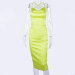 neon satin lace up summer women bodycon long midi dress