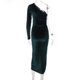 Long Sleeve One Shoulder Velvet Party Club Elegant  Dresse