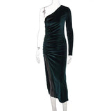 Long Sleeve One Shoulder Velvet Party Club Elegant  Dresse