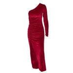 Long Sleeve One Shoulder Velvet Party Club Elegant  Dresse