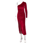 Long Sleeve One Shoulder Velvet Party Club Elegant  Dresse