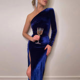 Long Sleeve One Shoulder Velvet Party Club Elegant  Dresse